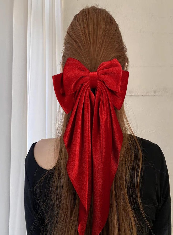 LSVOZ Bright Red Velvet Large Hair Bow Long Tail Bowknot Hair Barrette Clip 8.26 Inch Women Girls Fall Winter Ponytail Holder Hair Accessories - Image 2